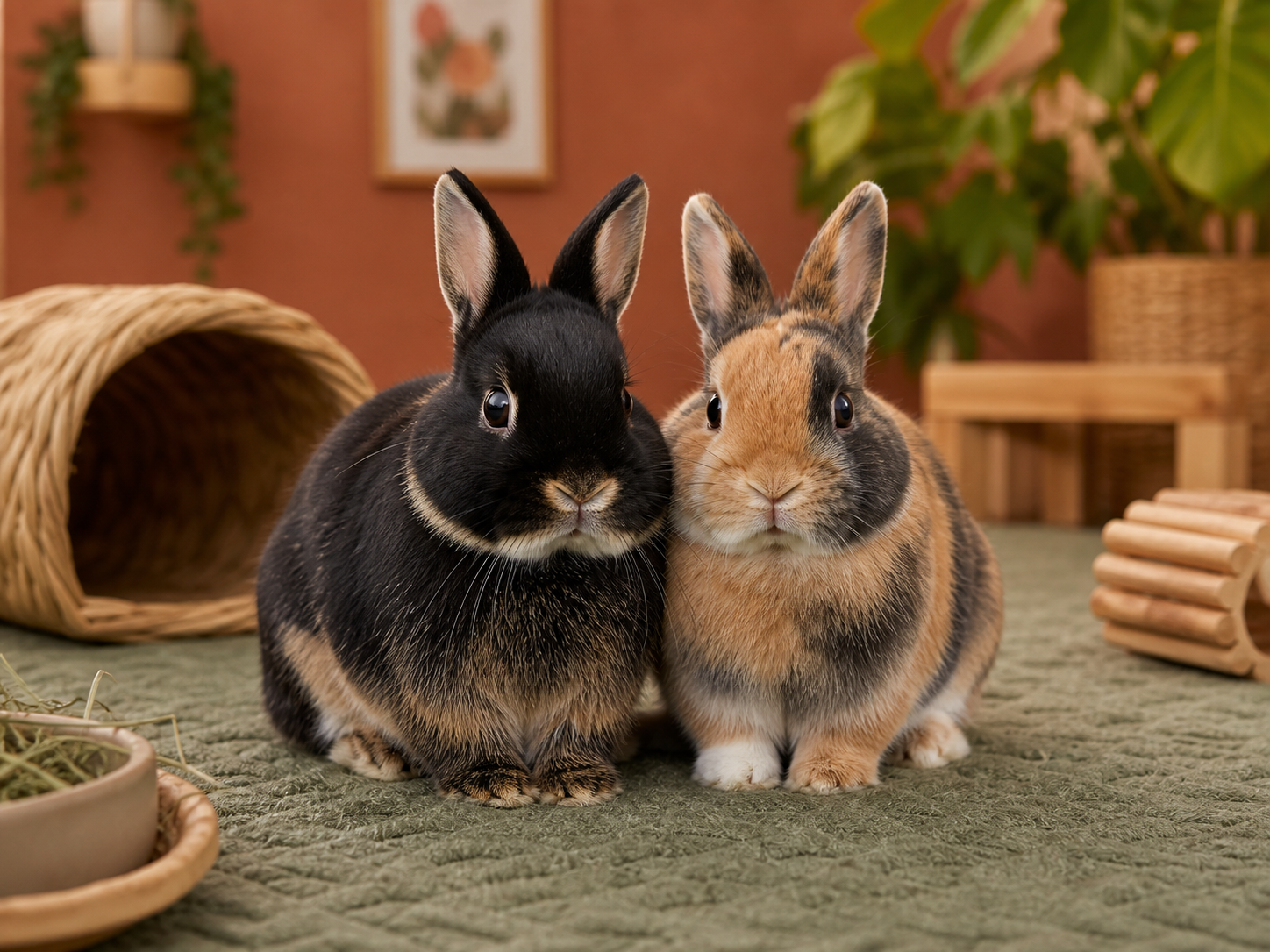 Clover and Fern, a bonded rabbit pair in a rescue playroom