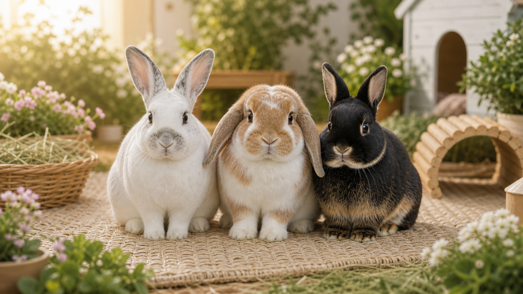 Three different rescued rabbits together in a cozy garden play area