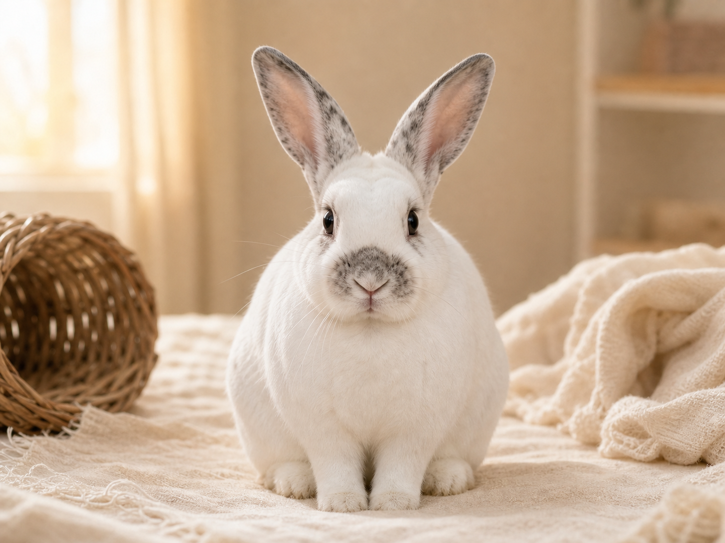Opal, a white speckled rabbit in a cozy rescue room